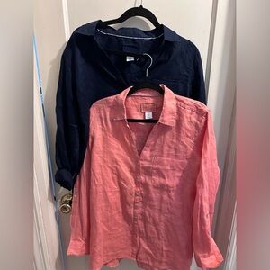 Sigrid Olsen long sleeve button down 100% linen long line tops bundle of two M